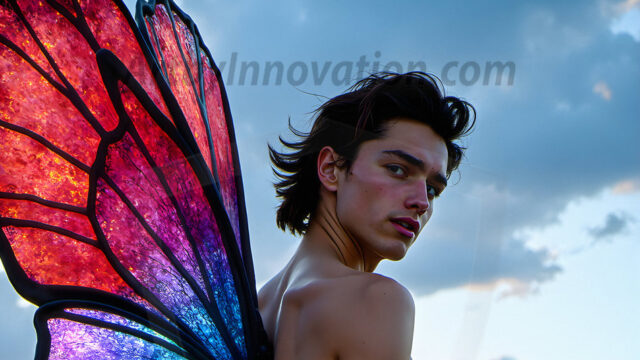Brought to life through AI, Capturing the Pristine and Elusive Male Fairy. Imagine a realm where handsome shirtless men & boys possess enormous, shimmering crystal wings, vibrant and radiant, capturing and reflecting the light of the environment in a mesmerizing way, and adding a touch of mystery to their intense visage. Outdoors in a fantasy mysterious enchanted realm.