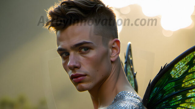 Brought to life through AI, Capturing the Pristine and Elusive Male Fairy. Imagine a realm where handsome shirtless men & boys possess enormous, shimmering crystal wings, vibrant and radiant, capturing and reflecting the light of the environment in a mesmerizing way, and adding a touch of mystery to their intense visage. Outdoors in a fantasy mysterious enchanted realm.