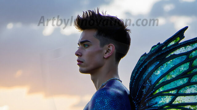 Brought to life through AI, Capturing the Pristine and Elusive Male Fairy. Imagine a realm where handsome shirtless men & boys possess enormous, shimmering crystal wings, vibrant and radiant, capturing and reflecting the light of the environment in a mesmerizing way, and adding a touch of mystery to their intense visage. Outdoors in a fantasy mysterious enchanted realm.