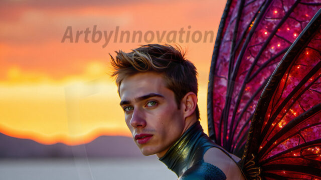 Brought to life through AI, Capturing the Pristine and Elusive Male Fairy. Imagine a realm where handsome shirtless men & boys possess enormous, shimmering crystal wings, vibrant and radiant, capturing and reflecting the light of the environment in a mesmerizing way, and adding a touch of mystery to their intense visage. Outdoors in a fantasy mysterious enchanted realm.