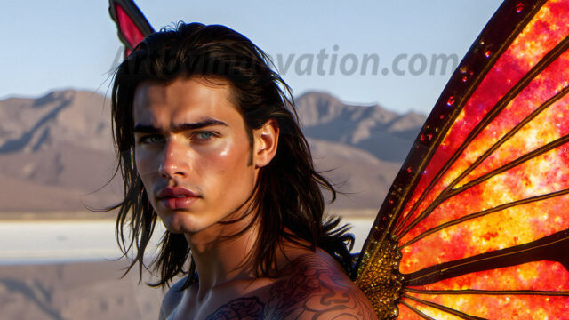 Brought to life through AI, Capturing the Pristine and Elusive Male Fairy. Imagine a realm where handsome shirtless men & boys possess enormous, shimmering crystal wings, vibrant and radiant, capturing and reflecting the light of the environment in a mesmerizing way, and adding a touch of mystery to their intense visage. Outdoors in a fantasy mysterious enchanted realm.
