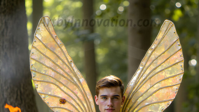 Brought to life through AI, Capturing the Pristine and Elusive Male Fairy. Imagine a realm where handsome shirtless men & boys possess enormous, shimmering crystal wings, vibrant and radiant, capturing and reflecting the light of the environment in a mesmerizing way, and adding a touch of mystery to their intense visage. Outdoors in a fantasy mysterious enchanted realm.