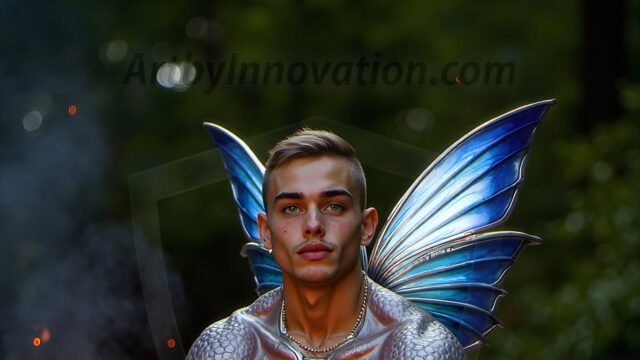 Brought to life through AI, Capturing the Pristine and Elusive Male Fairy. Imagine a realm where handsome shirtless men & boys possess enormous, shimmering crystal wings, vibrant and radiant, capturing and reflecting the light of the environment in a mesmerizing way, and adding a touch of mystery to their intense visage. Outdoors in a fantasy mysterious enchanted realm.