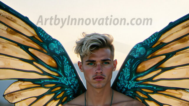 Brought to life through AI, Capturing the Pristine and Elusive Male Fairy. Imagine a realm where handsome shirtless men & boys possess enormous, shimmering crystal wings, vibrant and radiant, capturing and reflecting the light of the environment in a mesmerizing way, and adding a touch of mystery to their intense visage. Outdoors in a fantasy mysterious enchanted realm.