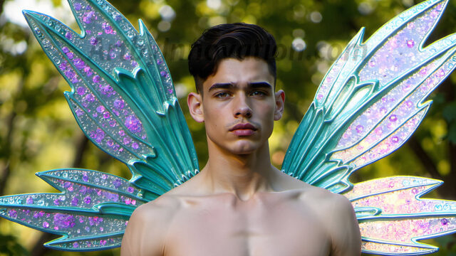 Brought to life through AI, Capturing the Pristine and Elusive Male Fairy. Imagine a realm where handsome shirtless men & boys possess enormous, shimmering crystal wings, vibrant and radiant, capturing and reflecting the light of the environment in a mesmerizing way, and adding a touch of mystery to their intense visage. Outdoors in a fantasy mysterious enchanted realm.