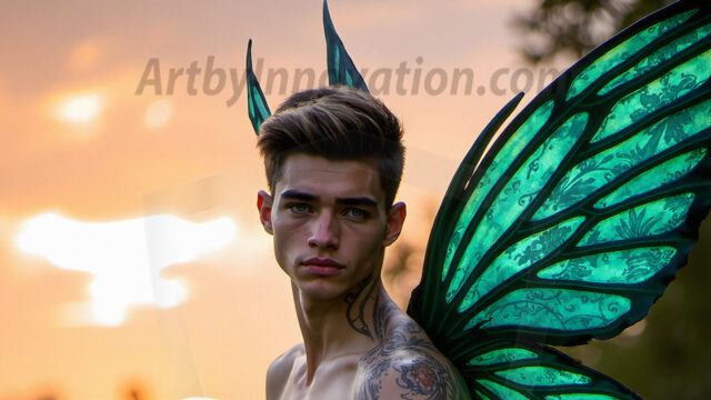 Brought to life through AI, Capturing the Pristine and Elusive Male Fairy. Imagine a realm where handsome shirtless men & boys possess enormous, shimmering crystal wings, vibrant and radiant, capturing and reflecting the light of the environment in a mesmerizing way, and adding a touch of mystery to their intense visage. Outdoors in a fantasy mysterious enchanted realm.