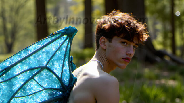 Brought to life through AI, Capturing the Pristine and Elusive Male Fairy. Imagine a realm where handsome shirtless men & boys possess enormous, shimmering crystal wings, vibrant and radiant, capturing and reflecting the light of the environment in a mesmerizing way, and adding a touch of mystery to their intense visage. Outdoors in a fantasy mysterious enchanted realm.