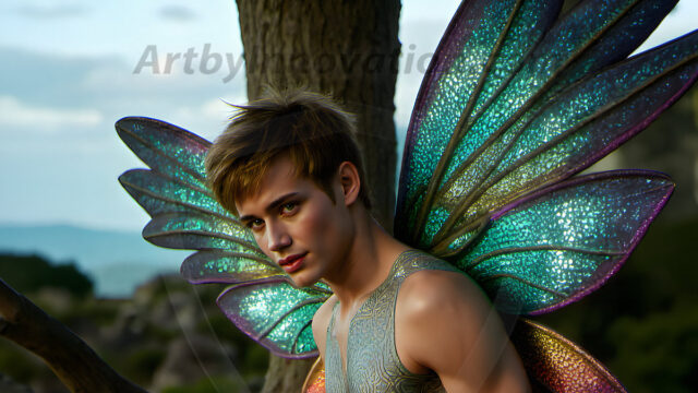 Brought to life through AI, Capturing the Pristine and Elusive Male Fairy. Imagine a realm where handsome shirtless men & boys possess enormous, shimmering crystal wings, vibrant and radiant, capturing and reflecting the light of the environment in a mesmerizing way, and adding a touch of mystery to their intense visage. Outdoors in a fantasy mysterious enchanted realm.