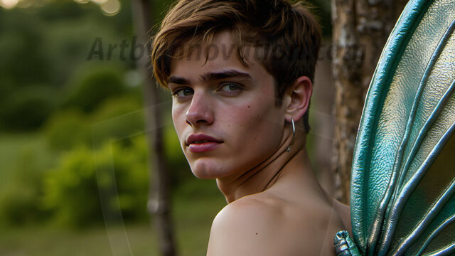 Brought to life through AI, Capturing the Pristine and Elusive Male Fairy. Imagine a realm where handsome shirtless men & boys possess enormous, shimmering crystal wings, vibrant and radiant, capturing and reflecting the light of the environment in a mesmerizing way, and adding a touch of mystery to their intense visage. Outdoors in a fantasy mysterious enchanted realm.