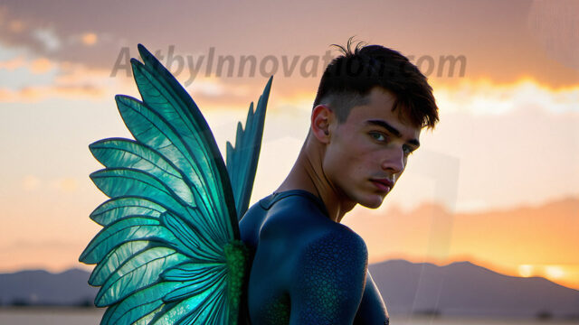 Brought to life through AI, Capturing the Pristine and Elusive Male Fairy. Imagine a realm where handsome shirtless men & boys possess enormous, shimmering crystal wings, vibrant and radiant, capturing and reflecting the light of the environment in a mesmerizing way, and adding a touch of mystery to their intense visage. Outdoors in a fantasy mysterious enchanted realm.