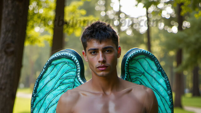 Brought to life through AI, Capturing the Pristine and Elusive Male Fairy. Imagine a realm where handsome shirtless men & boys possess enormous, shimmering crystal wings, vibrant and radiant, capturing and reflecting the light of the environment in a mesmerizing way, and adding a touch of mystery to their intense visage. Outdoors in a fantasy mysterious enchanted realm.