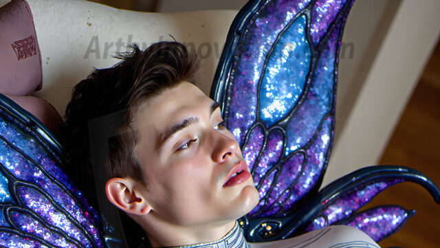 Brought to life through AI, Capturing the Pristine and Elusive Male Fairy. Imagine a realm where handsome shirtless men & boys possess enormous, shimmering crystal wings, vibrant and radiant, capturing and reflecting the light of the environment in a mesmerizing way, and adding a touch of mystery to their intense visage. Outdoors in a fantasy mysterious enchanted realm.