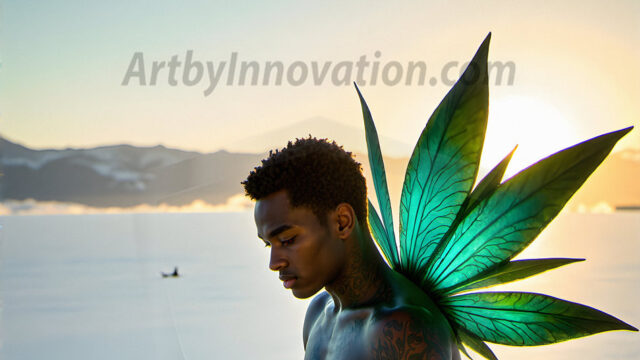 Brought to life through AI, Capturing the Pristine and Elusive Male Fairy. Imagine a realm where handsome shirtless men & boys possess enormous, shimmering crystal wings, vibrant and radiant, capturing and reflecting the light of the environment in a mesmerizing way, and adding a touch of mystery to their intense visage. Outdoors in a fantasy mysterious enchanted realm.