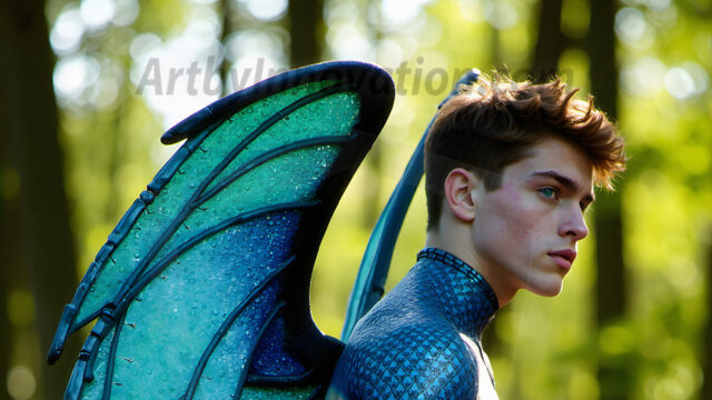 Brought to life through AI, Capturing the Pristine and Elusive Male Fairy. Imagine a realm where handsome shirtless men & boys possess enormous, shimmering crystal wings, vibrant and radiant, capturing and reflecting the light of the environment in a mesmerizing way, and adding a touch of mystery to their intense visage. Outdoors in a fantasy mysterious enchanted realm.