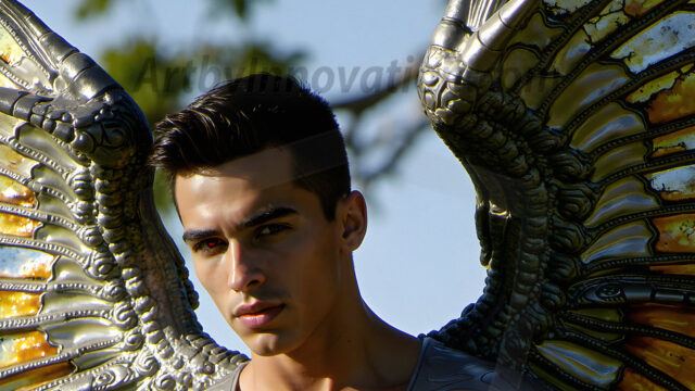 Brought to life through AI, Capturing the Pristine and Elusive Male Fairy. Imagine a realm where handsome shirtless men & boys possess enormous, shimmering crystal wings, vibrant and radiant, capturing and reflecting the light of the environment in a mesmerizing way, and adding a touch of mystery to their intense visage. Outdoors in a fantasy mysterious enchanted realm.