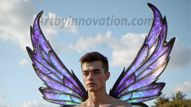 Brought to life through AI, Capturing the Pristine and Elusive Male Fairy. Imagine a realm where handsome shirtless men & boys possess enormous, shimmering crystal wings, vibrant and radiant, capturing and reflecting the light of the environment in a mesmerizing way, and adding a touch of mystery to their intense visage. Outdoors in a fantasy mysterious enchanted realm.