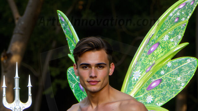 Brought to life through AI, Capturing the Pristine and Elusive Male Fairy. Imagine a realm where handsome shirtless men & boys possess enormous, shimmering crystal wings, vibrant and radiant, capturing and reflecting the light of the environment in a mesmerizing way, and adding a touch of mystery to their intense visage. Outdoors in a fantasy mysterious enchanted realm.