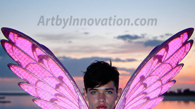 Brought to life through AI, Capturing the Pristine and Elusive Male Fairy. Imagine a realm where handsome shirtless men & boys possess enormous, shimmering crystal wings, vibrant and radiant, capturing and reflecting the light of the environment in a mesmerizing way, and adding a touch of mystery to their intense visage. Outdoors in a fantasy mysterious enchanted realm.