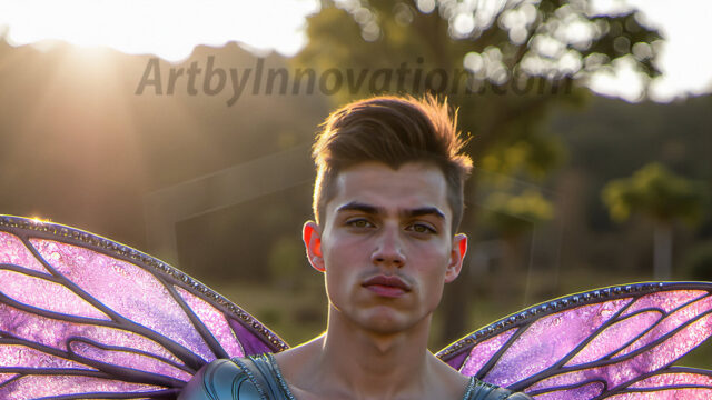 Brought to life through AI, Capturing the Pristine and Elusive Male Fairy. Imagine a realm where handsome shirtless men & boys possess enormous, shimmering crystal wings, vibrant and radiant, capturing and reflecting the light of the environment in a mesmerizing way, and adding a touch of mystery to their intense visage. Outdoors in a fantasy mysterious enchanted realm.