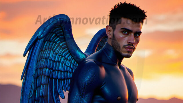 Brought to life through AI, Capturing the Pristine and Elusive Male Fairy. Imagine a realm where handsome shirtless men & boys possess enormous, shimmering crystal wings, vibrant and radiant, capturing and reflecting the light of the environment in a mesmerizing way, and adding a touch of mystery to their intense visage. Outdoors in a fantasy mysterious enchanted realm.