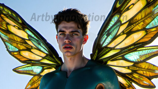 Brought to life through AI, Capturing the Pristine and Elusive Male Fairy. Imagine a realm where handsome shirtless men & boys possess enormous, shimmering crystal wings, vibrant and radiant, capturing and reflecting the light of the environment in a mesmerizing way, and adding a touch of mystery to their intense visage. Outdoors in a fantasy mysterious enchanted realm.