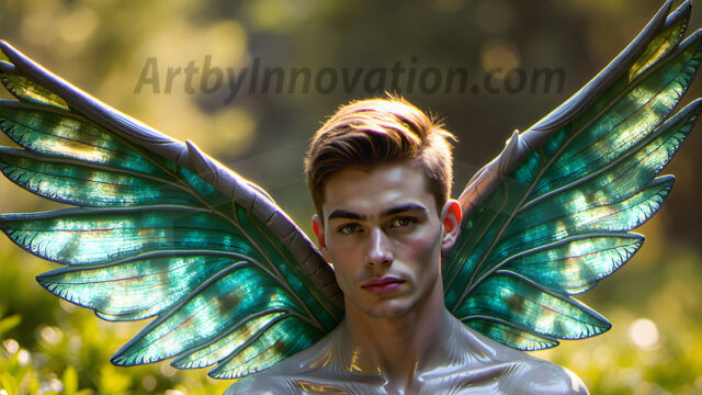 Brought to life through AI, Capturing the Pristine and Elusive Male Fairy. Imagine a realm where handsome shirtless men & boys possess enormous, shimmering crystal wings, vibrant and radiant, capturing and reflecting the light of the environment in a mesmerizing way, and adding a touch of mystery to their intense visage. Outdoors in a fantasy mysterious enchanted realm.