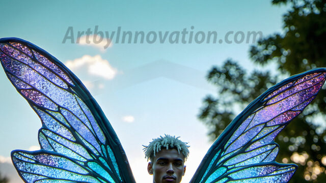 Brought to life through AI, Capturing the Pristine and Elusive Male Fairy. Imagine a realm where handsome shirtless men & boys possess enormous, shimmering crystal wings, vibrant and radiant, capturing and reflecting the light of the environment in a mesmerizing way, and adding a touch of mystery to their intense visage. Outdoors in a fantasy mysterious enchanted realm.