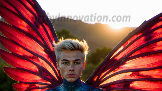 Brought to life through AI, Capturing the Pristine and Elusive Male Fairy. Imagine a realm where handsome shirtless men & boys possess enormous, shimmering crystal wings, vibrant and radiant, capturing and reflecting the light of the environment in a mesmerizing way, and adding a touch of mystery to their intense visage. Outdoors in a fantasy mysterious enchanted realm.