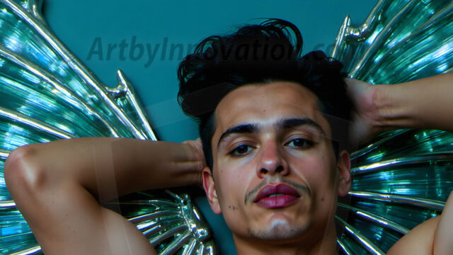 Brought to life through AI, Capturing the Pristine and Elusive Male Fairy. Imagine a realm where handsome shirtless men & boys possess enormous, shimmering crystal wings, vibrant and radiant, capturing and reflecting the light of the environment in a mesmerizing way, and adding a touch of mystery to their intense visage. Outdoors in a fantasy mysterious enchanted realm.