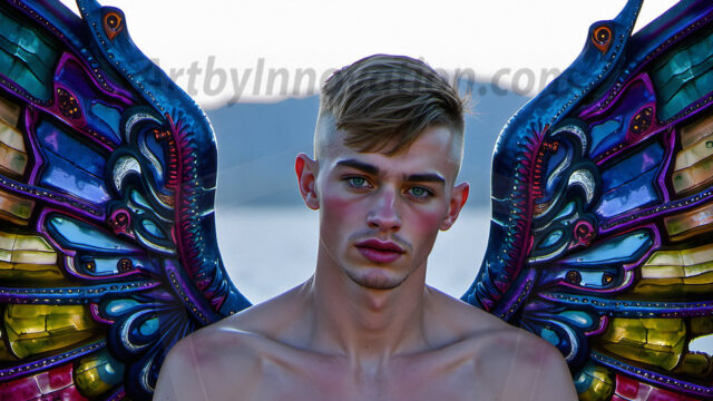 Brought to life through AI, Capturing the Pristine and Elusive Male Fairy. Imagine a realm where handsome shirtless men & boys possess enormous, shimmering crystal wings, vibrant and radiant, capturing and reflecting the light of the environment in a mesmerizing way, and adding a touch of mystery to their intense visage. Outdoors in a fantasy mysterious enchanted realm.
