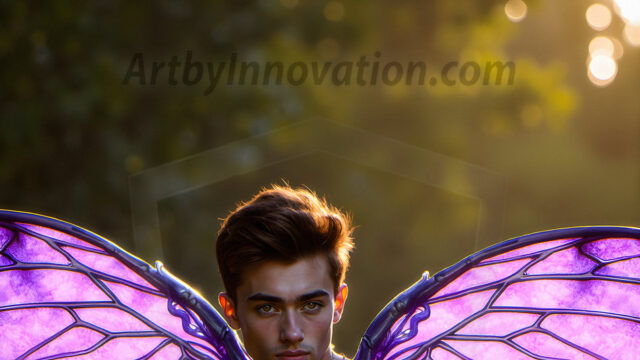 Brought to life through AI, Capturing the Pristine and Elusive Male Fairy. Imagine a realm where handsome shirtless men & boys possess enormous, shimmering crystal wings, vibrant and radiant, capturing and reflecting the light of the environment in a mesmerizing way, and adding a touch of mystery to their intense visage. Outdoors in a fantasy mysterious enchanted realm.