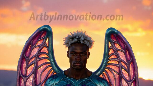 Brought to life through AI, Capturing the Pristine and Elusive Male Fairy. Imagine a realm where handsome shirtless men & boys possess enormous, shimmering crystal wings, vibrant and radiant, capturing and reflecting the light of the environment in a mesmerizing way, and adding a touch of mystery to their intense visage. Outdoors in a fantasy mysterious enchanted realm.