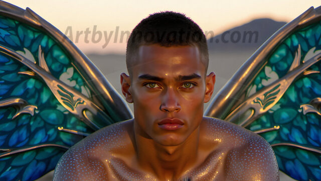Brought to life through AI, Capturing the Pristine and Elusive Male Fairy. Imagine a realm where handsome shirtless men & boys possess enormous, shimmering crystal wings, vibrant and radiant, capturing and reflecting the light of the environment in a mesmerizing way, and adding a touch of mystery to their intense visage. Outdoors in a fantasy mysterious enchanted realm.
