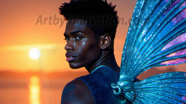 Brought to life through AI, Capturing the Pristine and Elusive Male Fairy. Imagine a realm where handsome shirtless men & boys possess enormous, shimmering crystal wings, vibrant and radiant, capturing and reflecting the light of the environment in a mesmerizing way, and adding a touch of mystery to their intense visage. Outdoors in a fantasy mysterious enchanted realm.