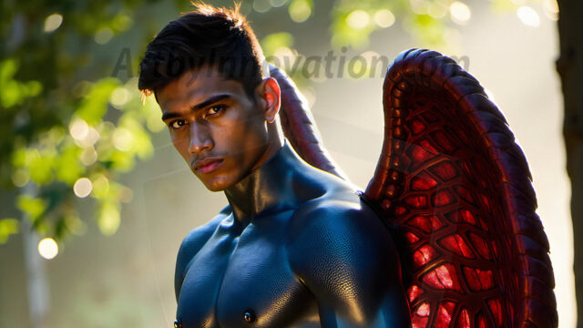 Brought to life through AI, Capturing the Pristine and Elusive Male Fairy. Imagine a realm where handsome shirtless men & boys possess enormous, shimmering crystal wings, vibrant and radiant, capturing and reflecting the light of the environment in a mesmerizing way, and adding a touch of mystery to their intense visage. Outdoors in a fantasy mysterious enchanted realm.