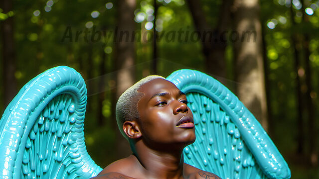 Brought to life through AI, Capturing the Pristine and Elusive Male Fairy. Imagine a realm where handsome shirtless men & boys possess enormous, shimmering crystal wings, vibrant and radiant, capturing and reflecting the light of the environment in a mesmerizing way, and adding a touch of mystery to their intense visage. Outdoors in a fantasy mysterious enchanted realm.