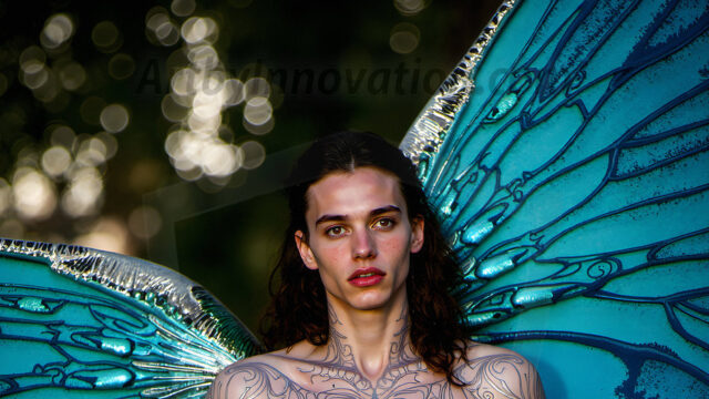 Brought to life through AI, Capturing the Pristine and Elusive Male Fairy. Imagine a realm where handsome shirtless men & boys possess enormous, shimmering crystal wings, vibrant and radiant, capturing and reflecting the light of the environment in a mesmerizing way, and adding a touch of mystery to their intense visage. Outdoors in a fantasy mysterious enchanted realm.