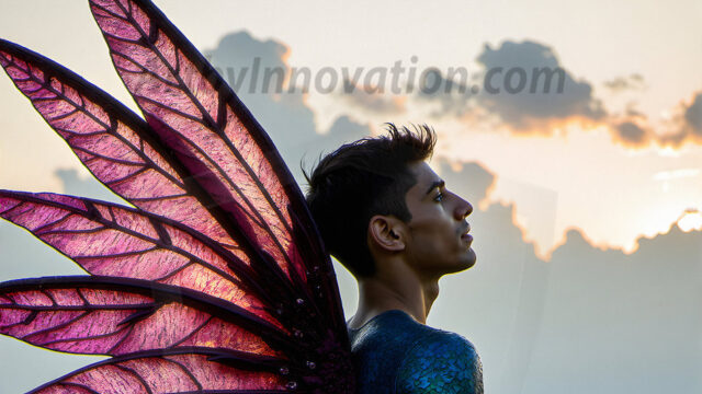 Brought to life through AI, Capturing the Pristine and Elusive Male Fairy. Imagine a realm where handsome shirtless men & boys possess enormous, shimmering crystal wings, vibrant and radiant, capturing and reflecting the light of the environment in a mesmerizing way, and adding a touch of mystery to their intense visage. Outdoors in a fantasy mysterious enchanted realm.
