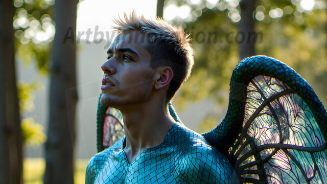 Brought to life through AI, Capturing the Pristine and Elusive Male Fairy. Imagine a realm where handsome shirtless men & boys possess enormous, shimmering crystal wings, vibrant and radiant, capturing and reflecting the light of the environment in a mesmerizing way, and adding a touch of mystery to their intense visage. Outdoors in a fantasy mysterious enchanted realm.