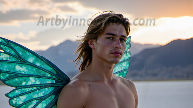 Brought to life through AI, Capturing the Pristine and Elusive Male Fairy. Imagine a realm where handsome shirtless men & boys possess enormous, shimmering crystal wings, vibrant and radiant, capturing and reflecting the light of the environment in a mesmerizing way, and adding a touch of mystery to their intense visage. Outdoors in a fantasy mysterious enchanted realm.