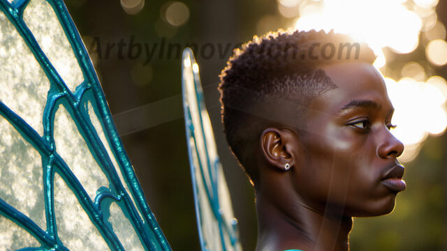 Brought to life through AI, Capturing the Pristine and Elusive Male Fairy. Imagine a realm where handsome shirtless men & boys possess enormous, shimmering crystal wings, vibrant and radiant, capturing and reflecting the light of the environment in a mesmerizing way, and adding a touch of mystery to their intense visage. Outdoors in a fantasy mysterious enchanted realm.