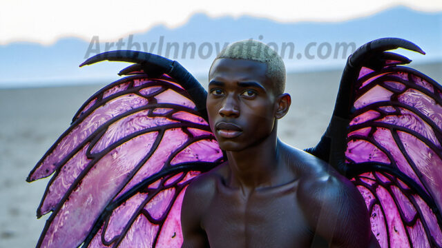 Brought to life through AI, Capturing the Pristine and Elusive Male Fairy. Imagine a realm where handsome shirtless men & boys possess enormous, shimmering crystal wings, vibrant and radiant, capturing and reflecting the light of the environment in a mesmerizing way, and adding a touch of mystery to their intense visage. Outdoors in a fantasy mysterious enchanted realm.