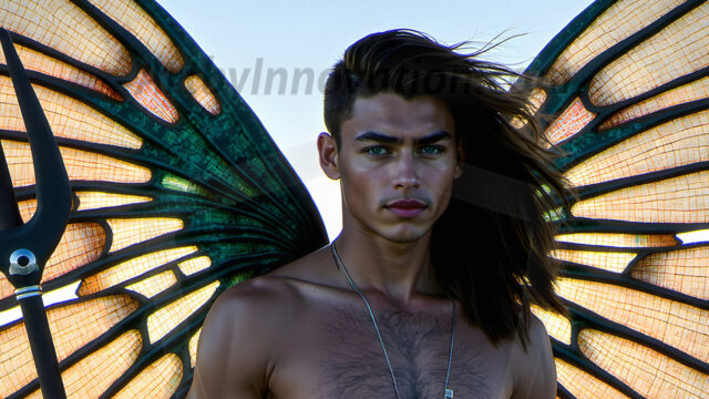 Brought to life through AI, Capturing the Pristine and Elusive Male Fairy. Imagine a realm where handsome shirtless men & boys possess enormous, shimmering crystal wings, vibrant and radiant, capturing and reflecting the light of the environment in a mesmerizing way, and adding a touch of mystery to their intense visage. Outdoors in a fantasy mysterious enchanted realm.