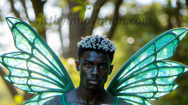 Brought to life through AI, Capturing the Pristine and Elusive Male Fairy. Imagine a realm where handsome shirtless men & boys possess enormous, shimmering crystal wings, vibrant and radiant, capturing and reflecting the light of the environment in a mesmerizing way, and adding a touch of mystery to their intense visage. Outdoors in a fantasy mysterious enchanted realm.