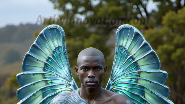 Brought to life through AI, Capturing the Pristine and Elusive Male Fairy. Imagine a realm where handsome shirtless men & boys possess enormous, shimmering crystal wings, vibrant and radiant, capturing and reflecting the light of the environment in a mesmerizing way, and adding a touch of mystery to their intense visage. Outdoors in a fantasy mysterious enchanted realm.