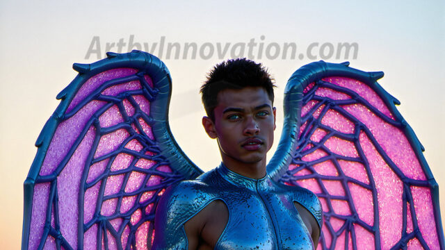 Brought to life through AI, Capturing the Pristine and Elusive Male Fairy. Imagine a realm where handsome shirtless men & boys possess enormous, shimmering crystal wings, vibrant and radiant, capturing and reflecting the light of the environment in a mesmerizing way, and adding a touch of mystery to their intense visage. Outdoors in a fantasy mysterious enchanted realm.