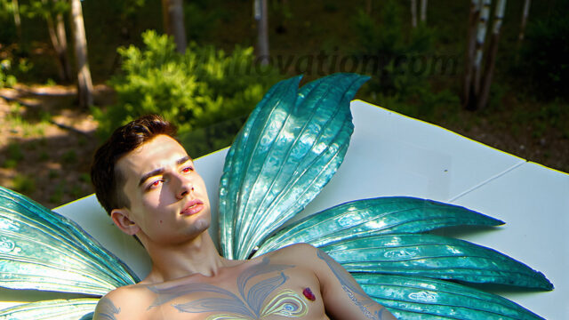 Brought to life through AI, Capturing the Pristine and Elusive Male Fairy. Imagine a realm where handsome shirtless men & boys possess enormous, shimmering crystal wings, vibrant and radiant, capturing and reflecting the light of the environment in a mesmerizing way, and adding a touch of mystery to their intense visage. Outdoors in a fantasy mysterious enchanted realm.