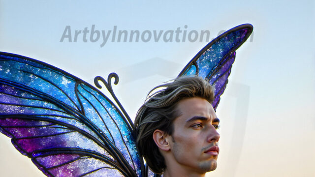 Brought to life through AI, Capturing the Pristine and Elusive Male Fairy. Imagine a realm where handsome shirtless men & boys possess enormous, shimmering crystal wings, vibrant and radiant, capturing and reflecting the light of the environment in a mesmerizing way, and adding a touch of mystery to their intense visage. Outdoors in a fantasy mysterious enchanted realm.