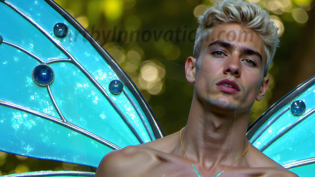 Brought to life through AI, Capturing the Pristine and Elusive Male Fairy. Imagine a realm where handsome shirtless men & boys possess enormous, shimmering crystal wings, vibrant and radiant, capturing and reflecting the light of the environment in a mesmerizing way, and adding a touch of mystery to their intense visage. Outdoors in a fantasy mysterious enchanted realm.