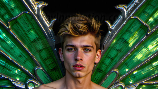 Brought to life through AI, Capturing the Pristine and Elusive Male Fairy. Imagine a realm where handsome shirtless men & boys possess enormous, shimmering crystal wings, vibrant and radiant, capturing and reflecting the light of the environment in a mesmerizing way, and adding a touch of mystery to their intense visage. Outdoors in a fantasy mysterious enchanted realm.